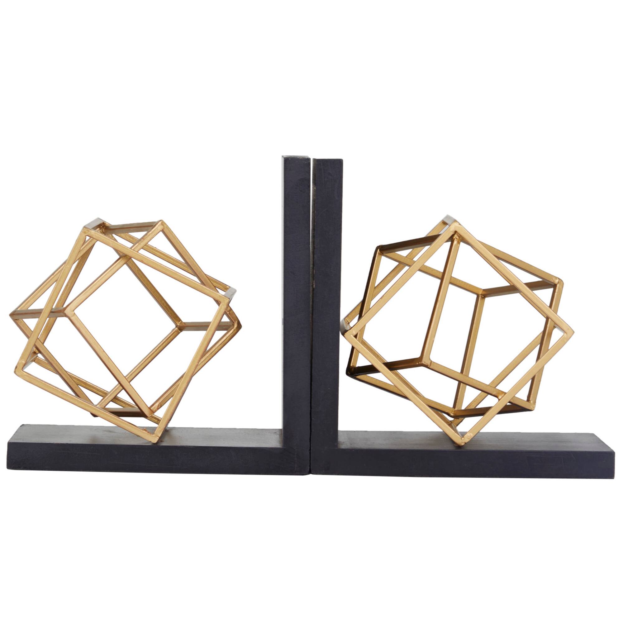 8" Gold Stainless Steel Overlapping Cube Geometric Bookends with Black Bases Set